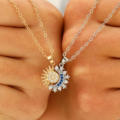 2Pcs/Set Magnetic Couple Matching Necklace Sun Moon Heart Shape Magnet Paired Pendant Jewelry Chain Choker Fashion Lover Gift