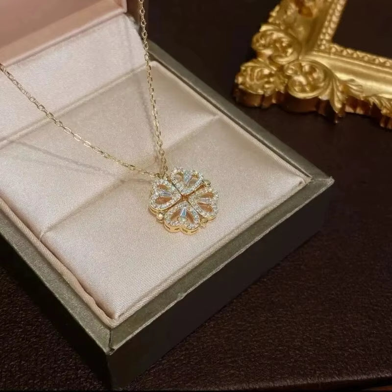 New Fashion Double Wear Magnet Four Heart Flower Pendant Necklace for Women Sweet Sexy Female Stainless Steel Neck Chain Jewelry