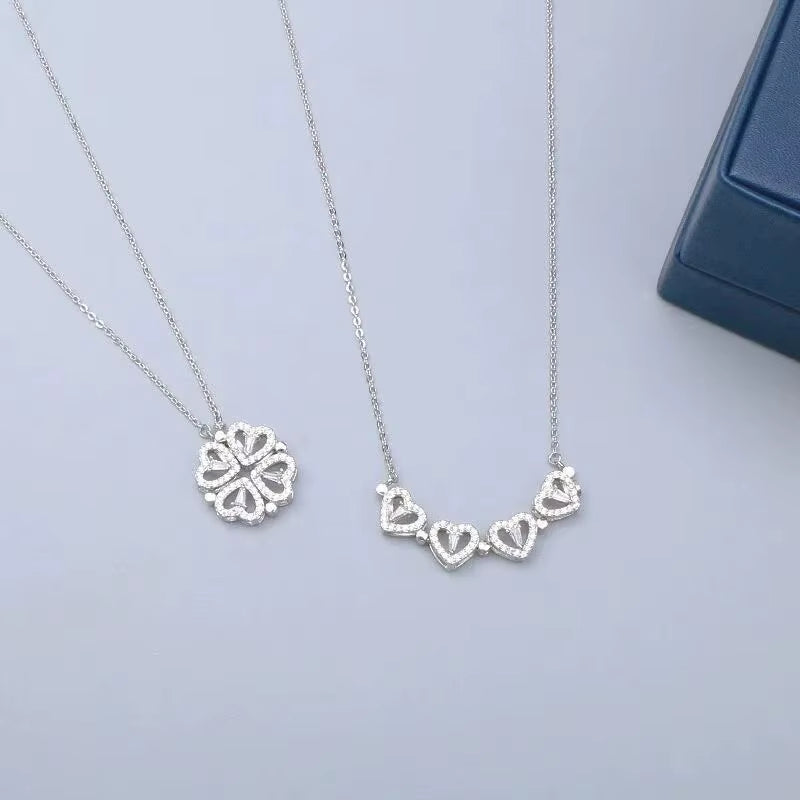 New Fashion Double Wear Magnet Four Heart Flower Pendant Necklace for Women Sweet Sexy Female Stainless Steel Neck Chain Jewelry