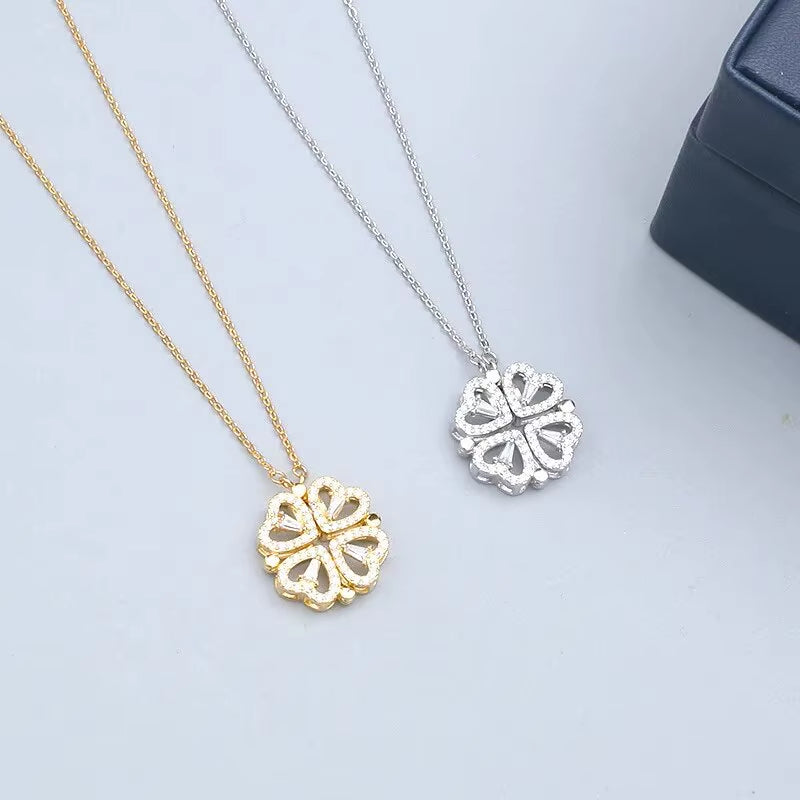 New Fashion Double Wear Magnet Four Heart Flower Pendant Necklace for Women Sweet Sexy Female Stainless Steel Neck Chain Jewelry