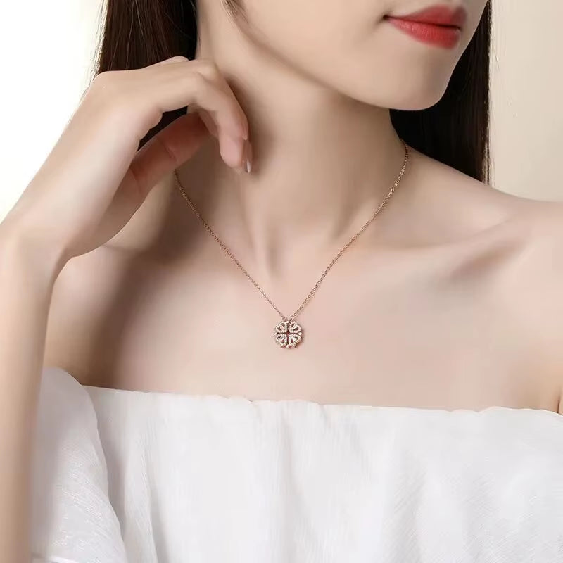 New Fashion Double Wear Magnet Four Heart Flower Pendant Necklace for Women Sweet Sexy Female Stainless Steel Neck Chain Jewelry